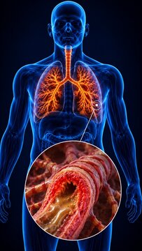 Medical 3D Illustration of Human Respiratory System Showing Bronchial Inflammation and Mucus Accumulation