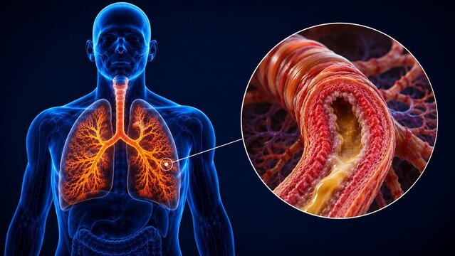 3D Medical Illustration of Human Respiratory System Showing Inflamed Bronchi with Mucus Accumulation