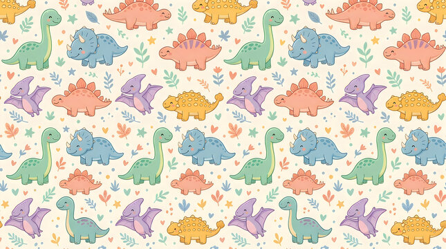 Cute cartoon dinosaur pattern with various prehistoric animals in soft pastel colors