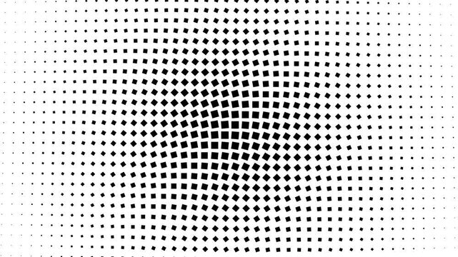 Abstract black and white geometric dot pattern creating a spherical optical illusion for graphic background