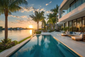 Fototapeta premium Florida coastal estate with glass-walled interiors, palms, and sunset reflections