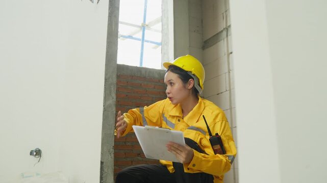 Home inspector worker woman with clipboard checking unfinished interior wall opening at construction site, hard hat and yellow jacket, SEO searchable construction inspection scene