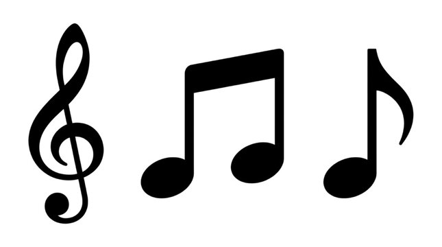 Black musical notation symbols including a treble clef and rhythmic music notes isolated on white background
