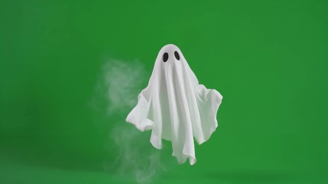 Playful ghost character dancing with smoke effects against a green screen background for Halloween