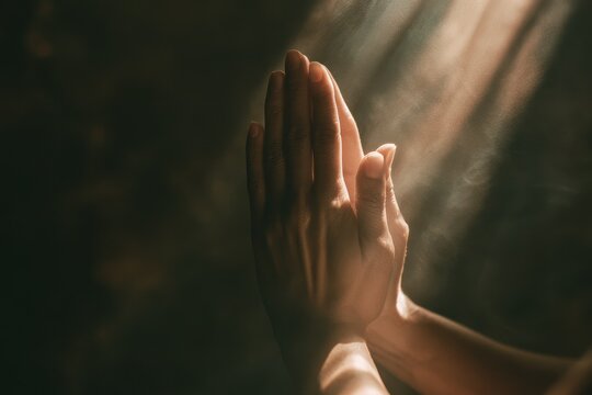 Hands in Namaskar pose with gentle glow on a dim backdrop, expressing hope, love, and spiritual unity