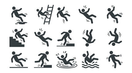 Fototapeta premium Set of vector icons showing people falling down, slipping on wet floor, tripping on stairs, and tumbling in various everyday accidents