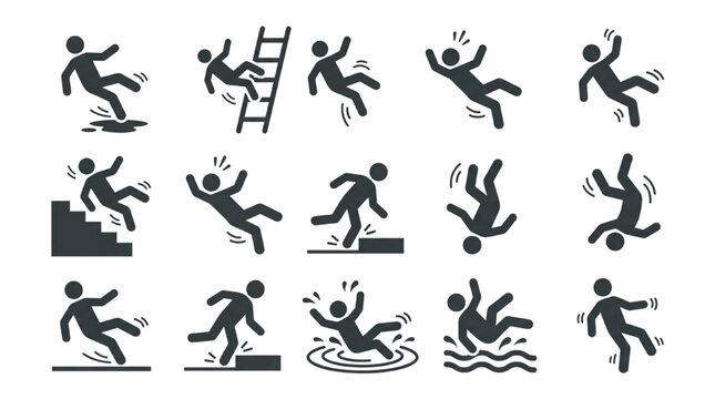 Set of vector icons showing people falling down, slipping on wet floor, tripping on stairs, and tumbling in various everyday accidents