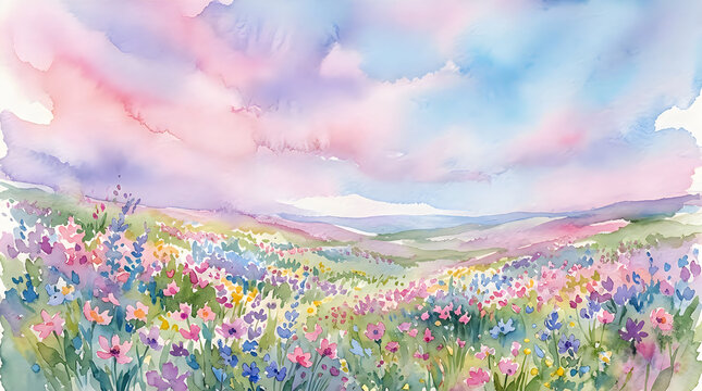 Beautiful colorful wildflower meadow landscape under a soft pastel sky in spring season