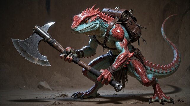 Reptilian Warrior Creature Holding a Battle Axe
