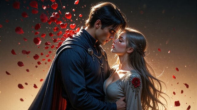 Romantic Fantasy Couple Embracing with Floating Rose Petals