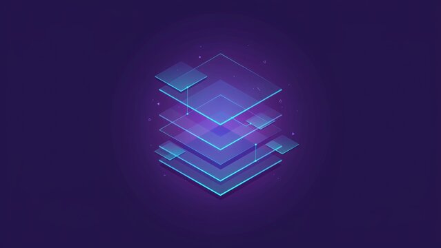 Modern neon geometric isometric layers digital technology abstract background with purple background ample layers floating above ample copy space