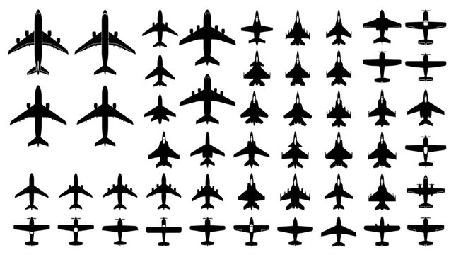Black silhouette collection of different military and civilian helicopters viewed from various angles
