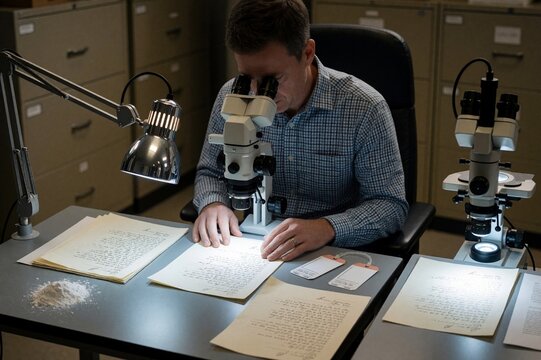 Forensic Document Examiner Analyzing Handwriting Samples Under Microscope