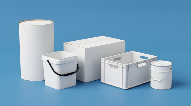 Various White Cardboard Boxes and Plastic Containers Arranged on a Blue Background Studio Setting