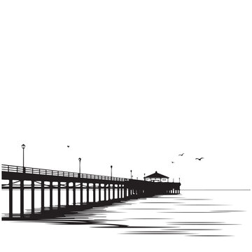 Black and white silhouette vector of a long ocean pier with a pavilion and seagulls for coastal travel and beach tourism design