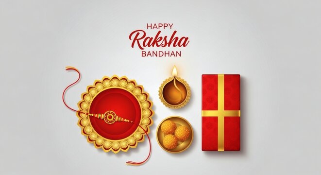 Raksha Bandhan Festival Greeting with Rakhi, Gift Box and Sweets &ndash; Traditional Celebration Background.