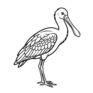 Detailed black and white line of a spoonbill bird, standing posture, clear contour lines, isolated on a white background