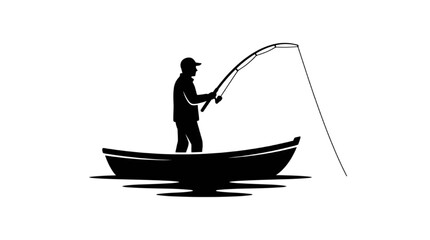 Minimalist Silhouette Illustration of a Fisherman Casting a Fishing Rod While Standing Inside a Small Wooden Rowing Boat on Calm Water © Rishi