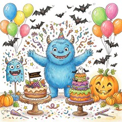 Obraz premium Cute blue monster celebrating halloween party with cakes and pumpkins