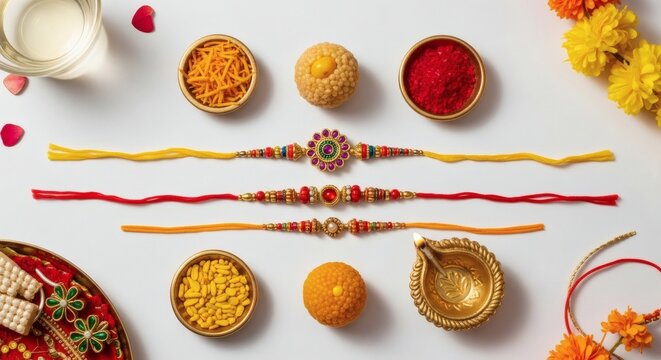 Raksha Bandhan Rakhis with Sweets and Diyas &ndash; Traditional Indian Festival Flat Lay Background