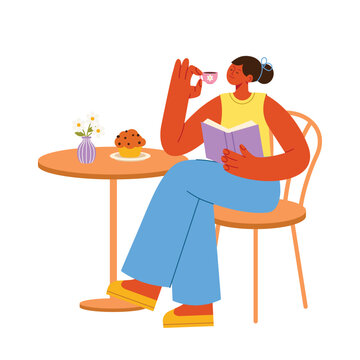 Woman Reading Book with Coffee in Cozy Caf&eacute; &ndash; Modern Flat Vector Illustration