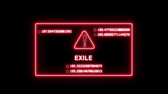 Futuristic neon red digital interface display featuring the word exile with rapidly changing mathematical data coordinates and warning triangle for sci-fi cyberpunk motion backgrounds