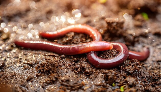 close up worm ground is reddish brown color appears to two earthworms on wet