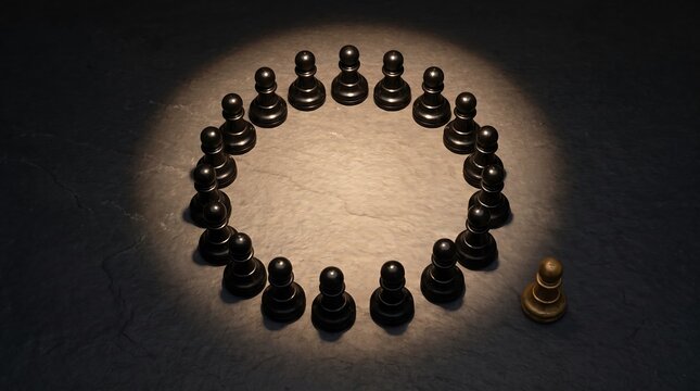 Black chess pawns arranged in a circle. Unique piece standing out from the group.