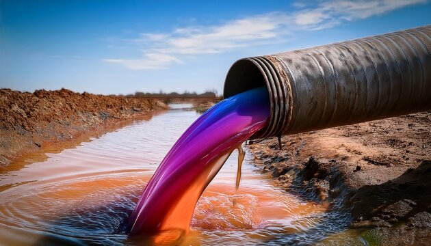 close up pipe that is partially submerged a releases colorful viscous liquid onto muddy