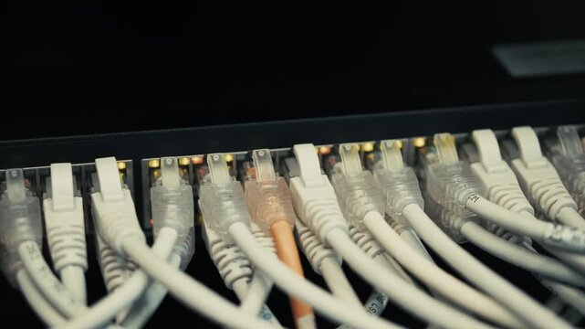 Network Switch Board. Ethernet Cables Connected In Data Center. Telecommunication Equipment. Internet Connection Hardware 