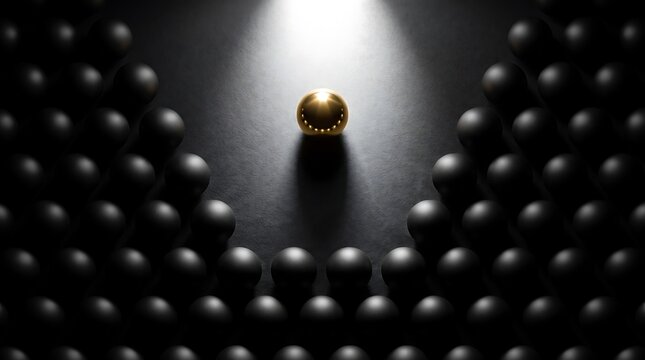 Golden sphere standing out from black balls. Unique leader concept in a group of dark spheres.