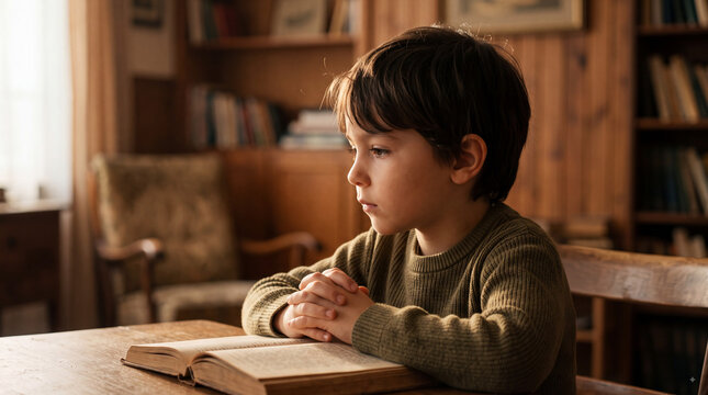 Young boy sitting at a wooden table with hands clasped and an open book in a cozy library room