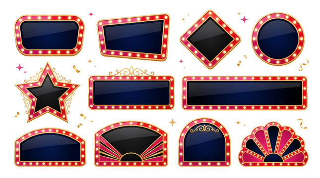 Set of Vintage Cinema Marquee Frames and Glowing Theater Light Boxes with Red and Gold Borders