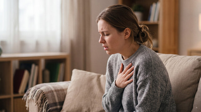 Young woman experiencing chest pain and discomfort while sitting on a sofa at home