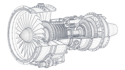 Technical blueprint illustration of a modern aircraft jet engine showing internal turbine and fan components © Rishi
