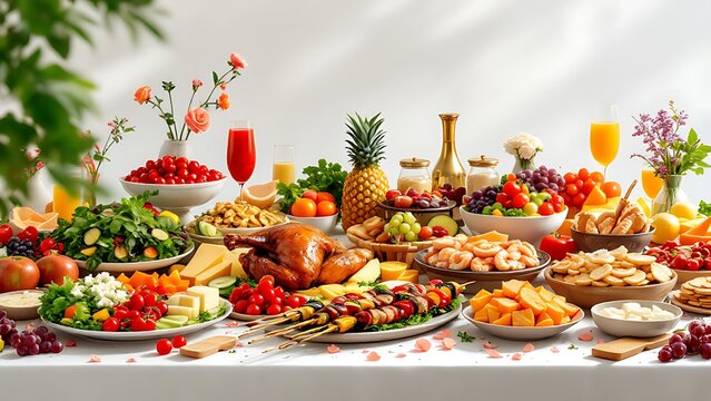 Colorful festive table filled with various appetizers and fresh fruits