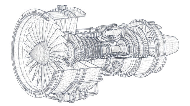 Technical blueprint illustration of a modern aircraft jet engine showing internal turbine and fan components