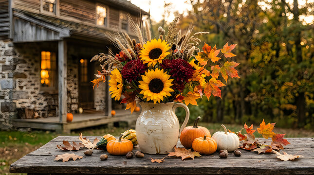 Rustic autumnal floral arrangement for a festive halloween home decoration
