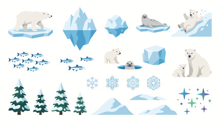 Obraz premium A collection of arctic and winter elements including polar bears, seals, fish, icebergs, snow-covered trees, mountains, and snowflakes.