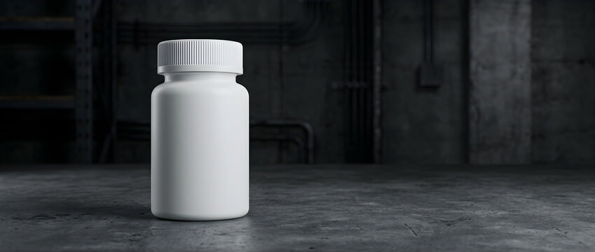 White medicine bottle with white cap placed on a concrete surface in a dark industrial setting with copy space