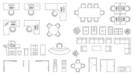 Obraz premium Vector office furniture layout symbols. Top-down architectural assets for interior design floor plans, including desks, chairs, and tables for space planning efficiency