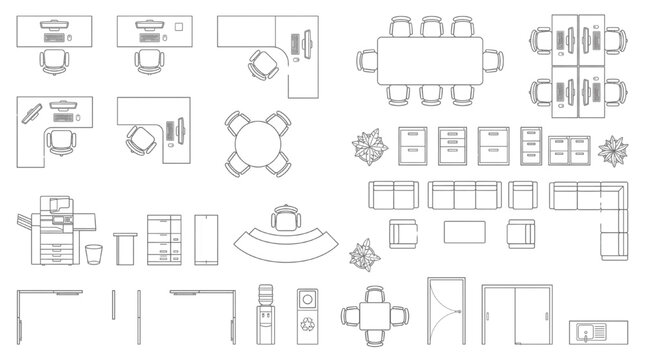 Vector office furniture layout symbols. Top-down architectural assets for interior design floor plans, including desks, chairs, and tables for space planning efficiency
