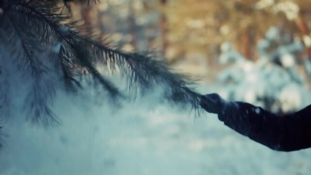 Hand Shaking Snow Off Pine Tree Branch In Winter Forest. Outdoor Walk Woods Snowy