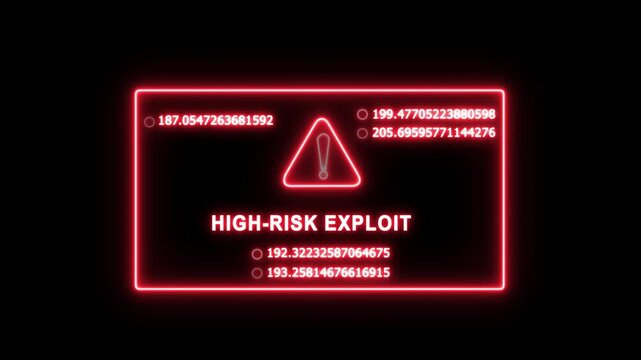 Cybersecurity warning interface featuring a glowing red neon high-risk exploit alert box with rapidly changing digital data streams and system error warning symbols for advanced tech presentations