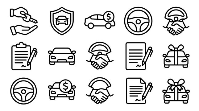 Modern automotive line icon collection depicting the comprehensive car journey, from purchase agreements, sales, and key handovers to insurance, scheduled maintenance, and celebratory vehicle gifts