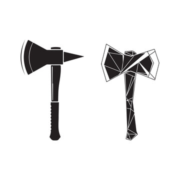 Black vector icons of a tactical axe and a geometric double-headed axe with minimalist silhouette and polygonal design for gaming and logo branding