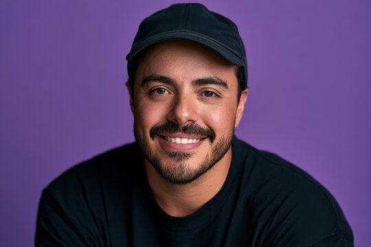 Confident transgender man from Latino heritage wearing a cap and dark tee with a vibrant purple backdrop