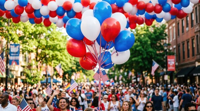 Labor day celebration with red white and blue balloons and american flags in a street