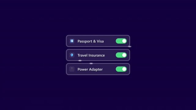 Interactive travel checklist toggling passport, insurance and power adapter settings on a dark