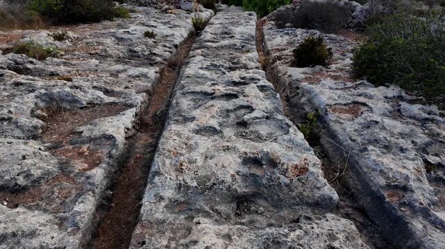 Ancient Cart Ruts on Xemxija heritage trail, parallel cartways groves cut into bare rock.